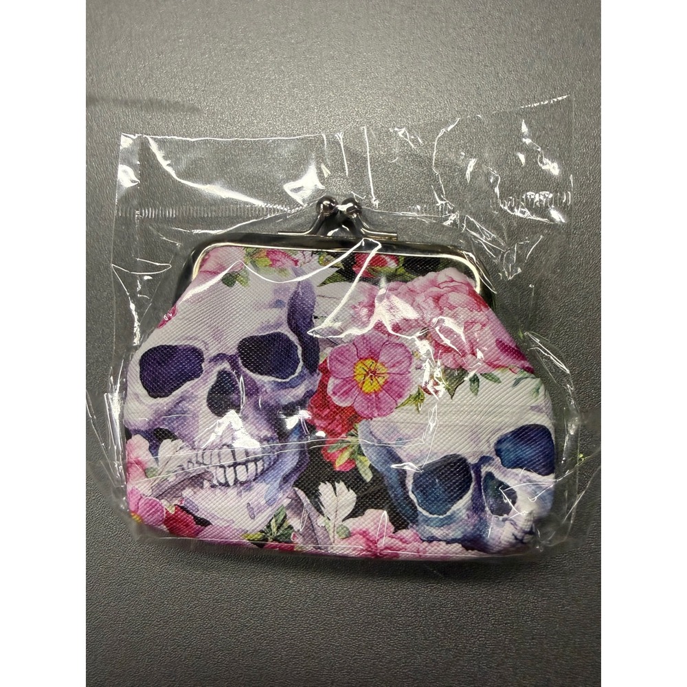 Floral Skull Kiss Lock‎ Coin Purse Small Wallet Pink Purple Gothic Sugar Skull